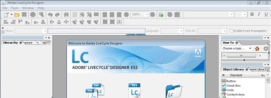 Adobe LiveCycle Designer, écran d'accueil