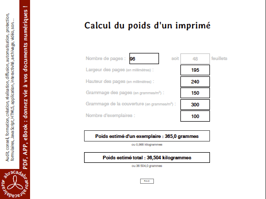 capture d'écran du calcul du poids d'un imprimé