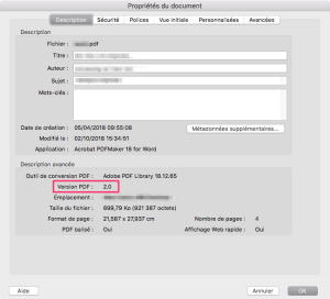 Propriétés d'un document PDF 2.0