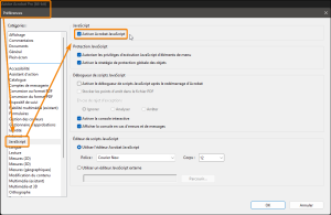 Fenêtre des Préférences JavaScript d'Acrobat Pro