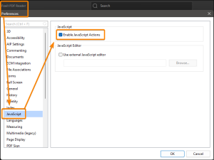 Préférences JavaScript de Foxit Reader